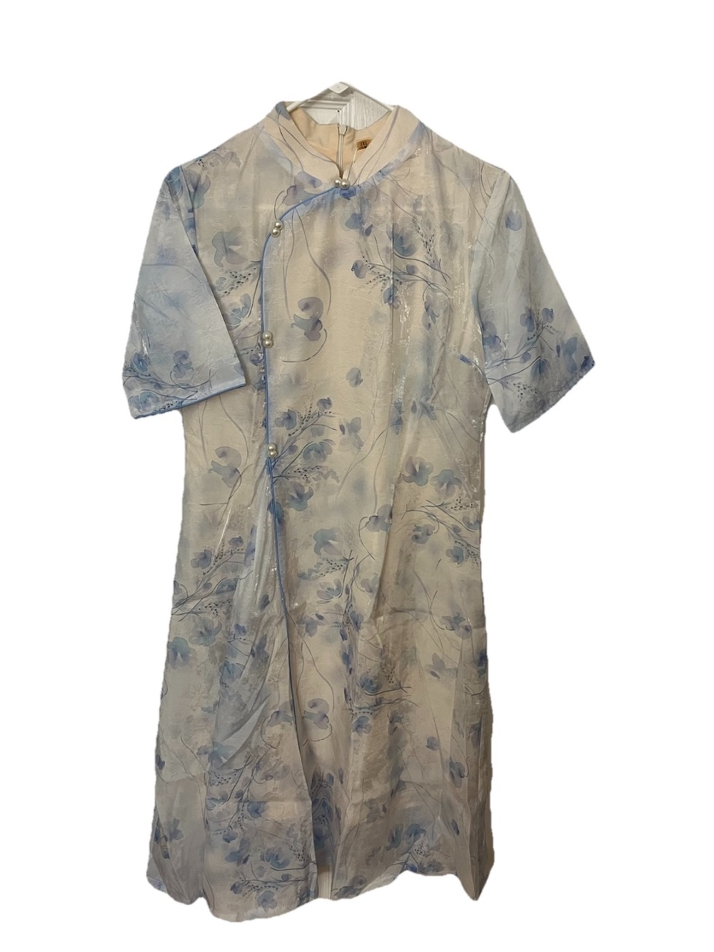 Floral Silky Cheongsam Dress in Pale Blue